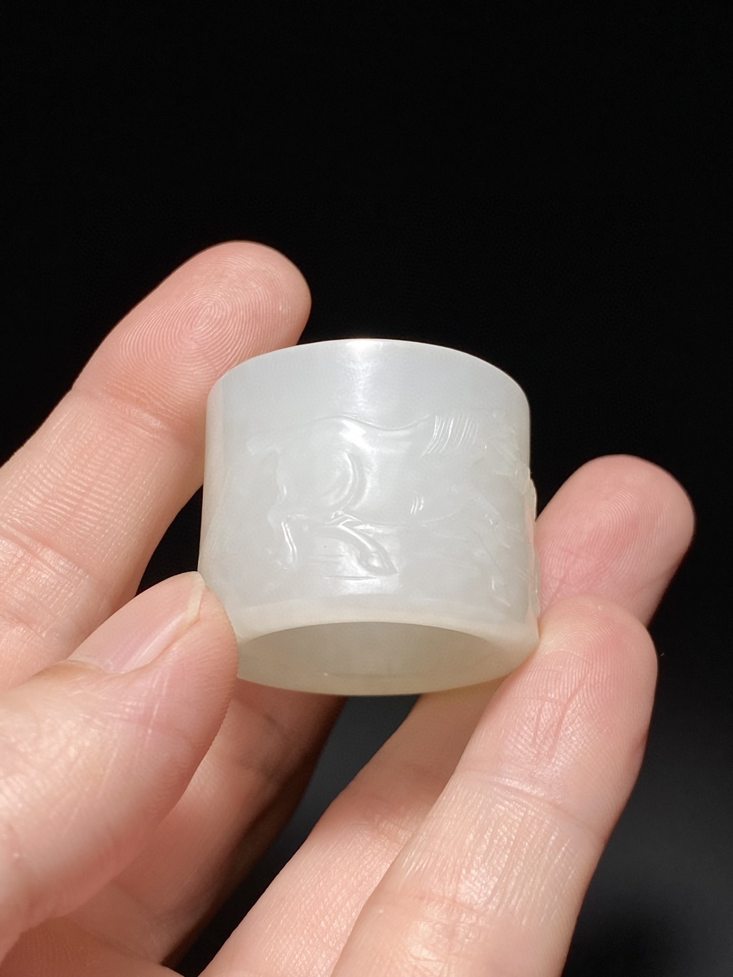 清乾隆 和田玉籽料 白玉 饮马图 诗文 扳指 文玩