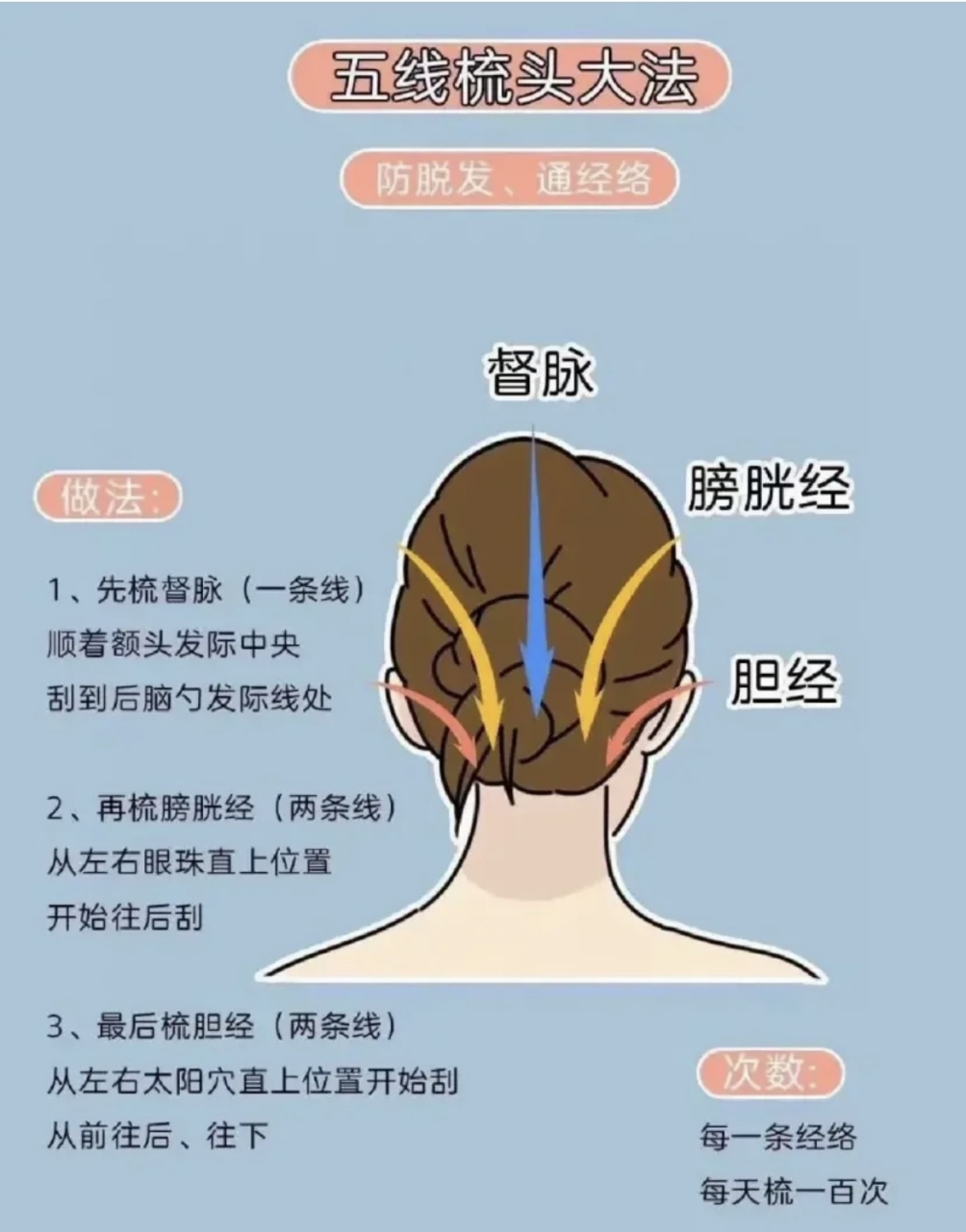 常用经络梳梳头的好处: 1,掉发,白发 头上的5条经络,都不用我们找