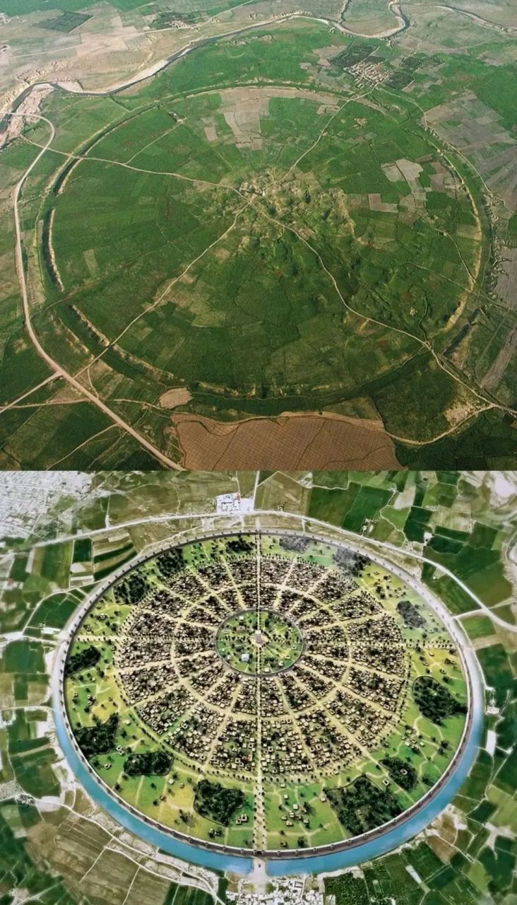 1800年前伊朗萨珊王朝首都戈尔城遗址:是一个直径1950米的正圆形.