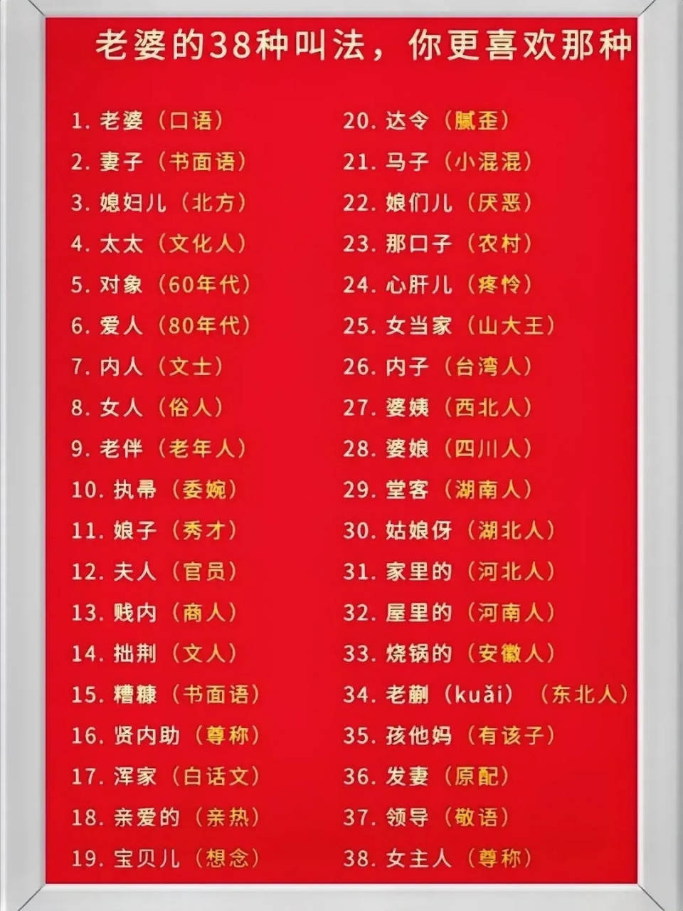 男人对自己另一半的称呼,38种叫法.您们在家里都怎么称呼呢?