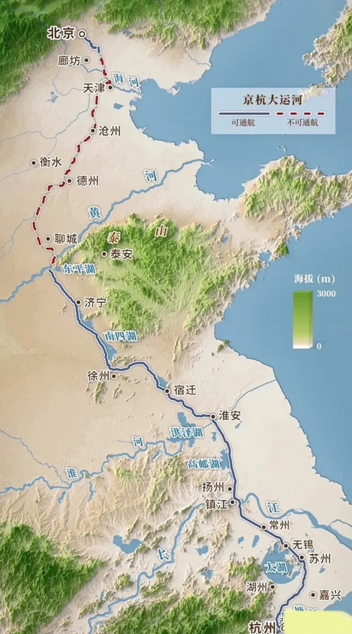 京杭大运河说的是北京到杭州,但是从图上看,黄河往北已经形同虚设