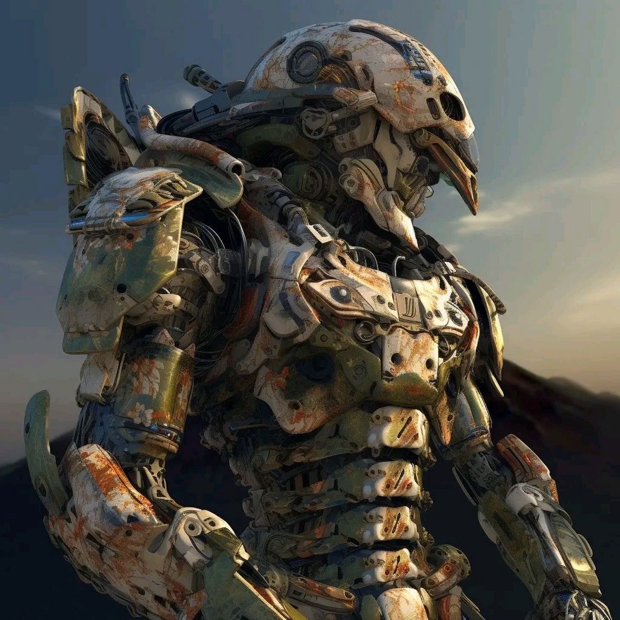 ai创作:一组军事用途的外骨骼盔甲,有光环的影子.