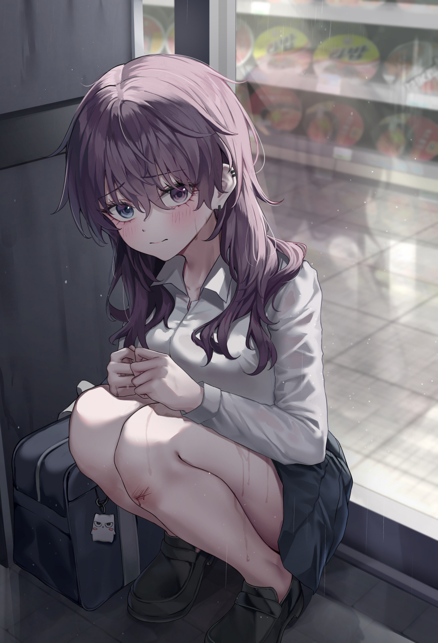 在便利店门前避雨的少女[下雨] 画师:luxiel