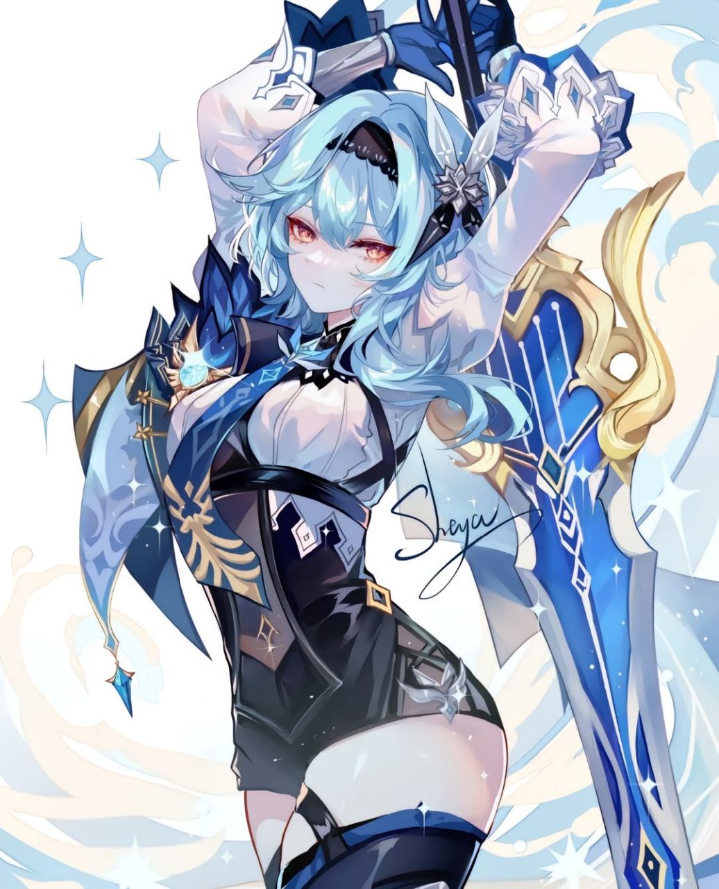 原神性感丰满的身材,穿着紧身的战斗服装,篮色的头发,使用双手剑,这就