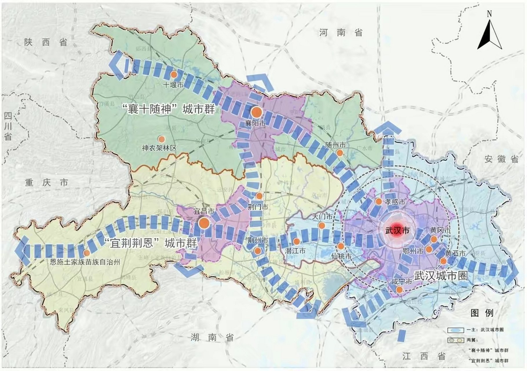 湖北省十四五规划示意图,可以看出湖北的几大重要节点城市