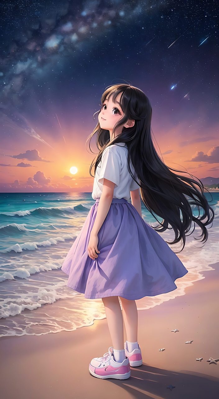 海边夕阳下的女孩