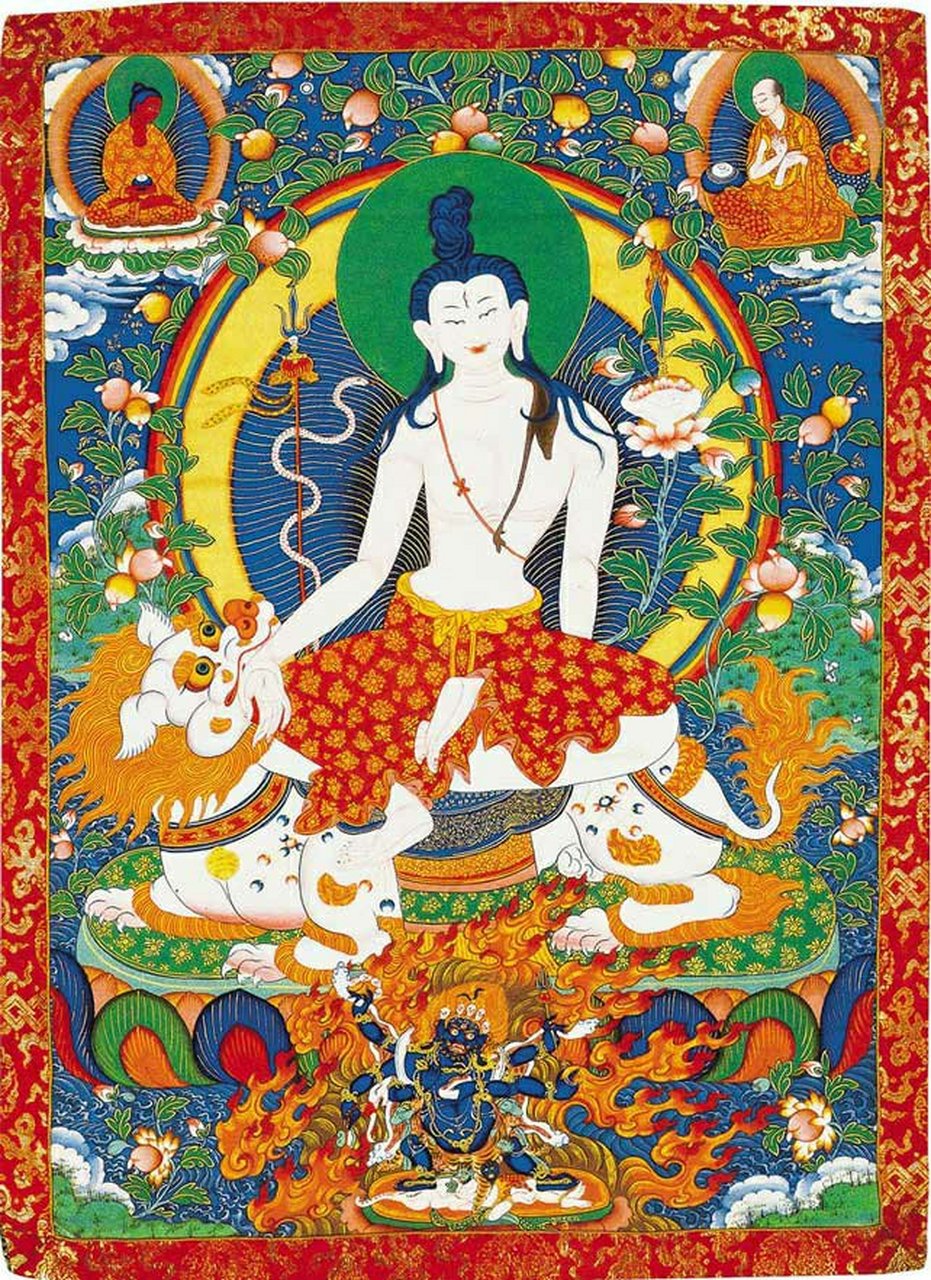 狮吼观音   布本设色唐卡 清代 西藏  这幅唐卡中,观音身侧缠绕白蛇的