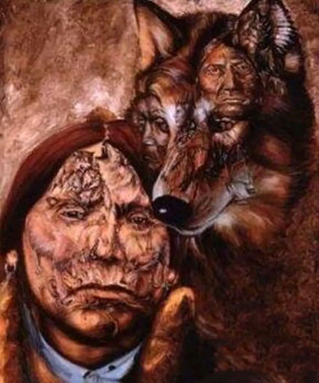 考眼力:图片中有一个人和一匹狼,眼力劲好的人可以找出7张以上的人脸