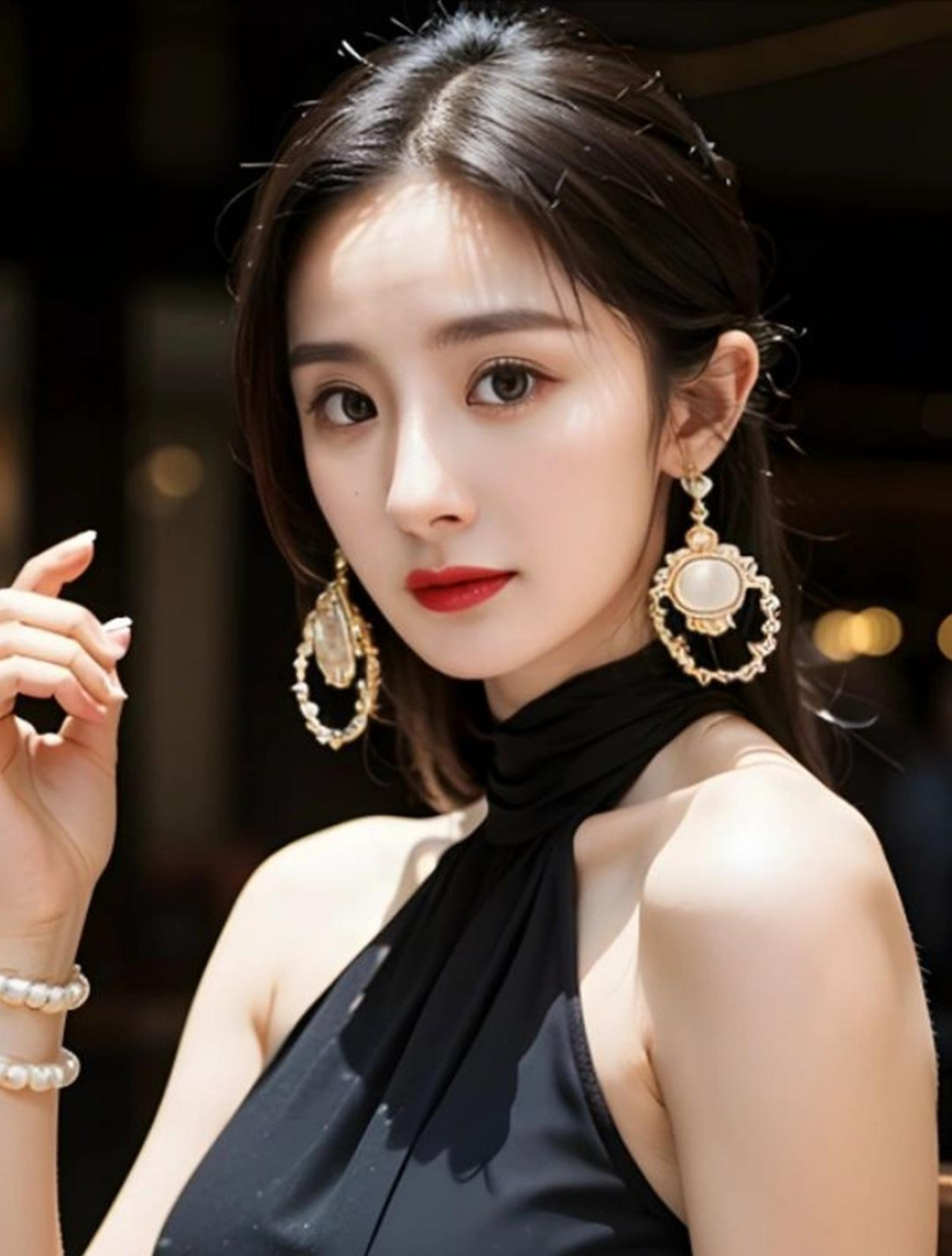 看杨幂穿上挂脖子的黑色裙,戴着珠宝耳环,显的高贵优雅,妖娆性感,眼神