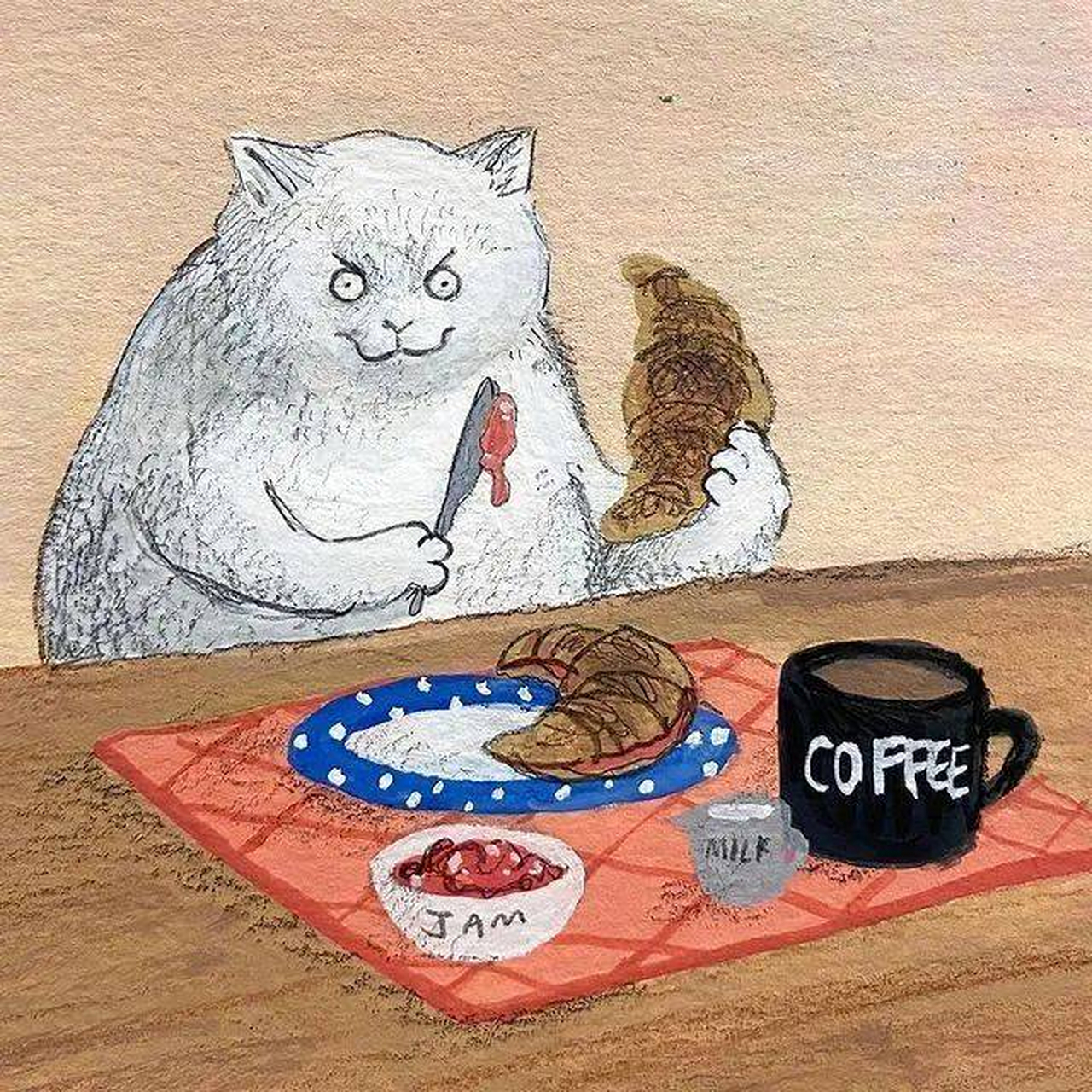 "kathy lam"的插画作品,情绪随时可能失控的猫咪和永远稳如泰山的水豚