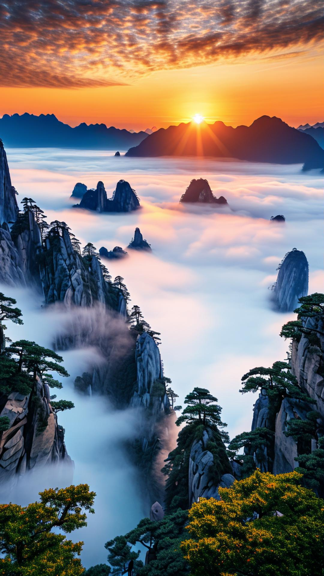 壁纸 |  黄山的日出,云雾缭绕 在黄山的怀抱中,一场绝美的自然奇观