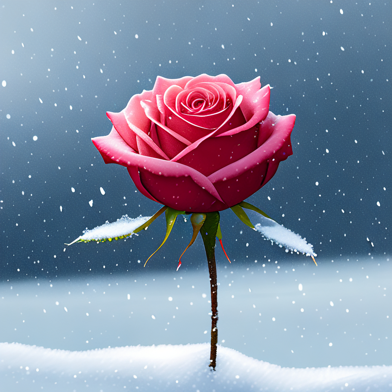 大雪纷飞的雪地里,独一无二的玫瑰.