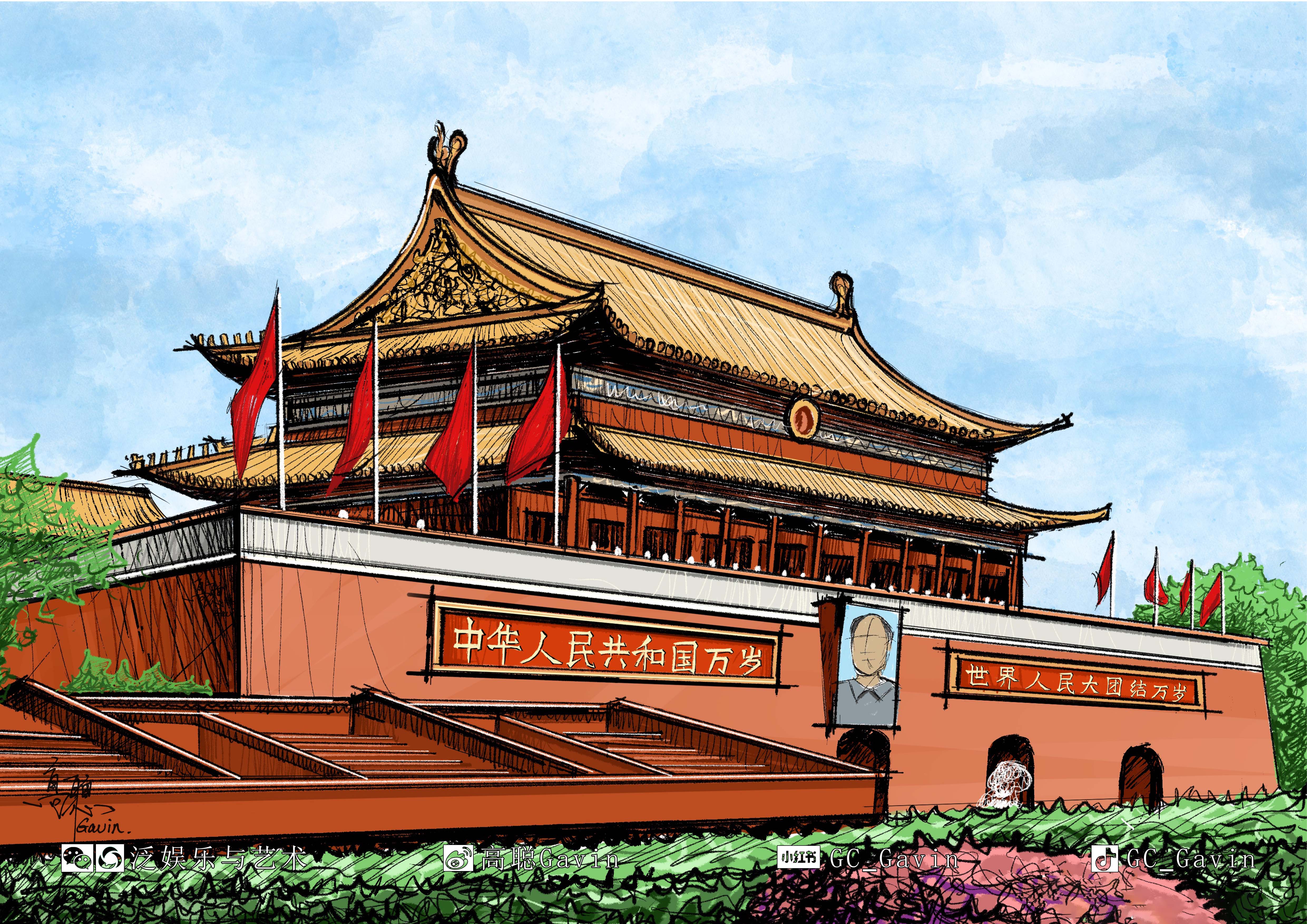 天安城门手绘图复杂图片