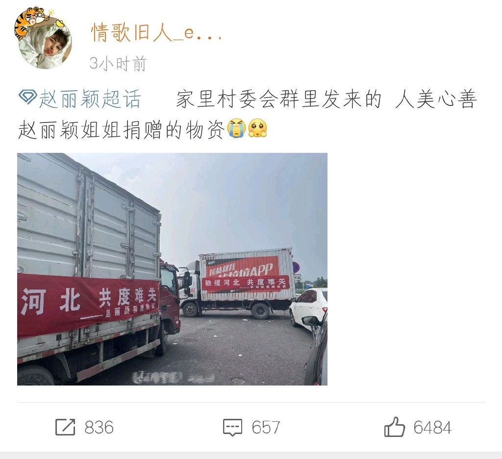 河北遭受水灾,赵丽颖为家乡捐物资,行为低调获赞