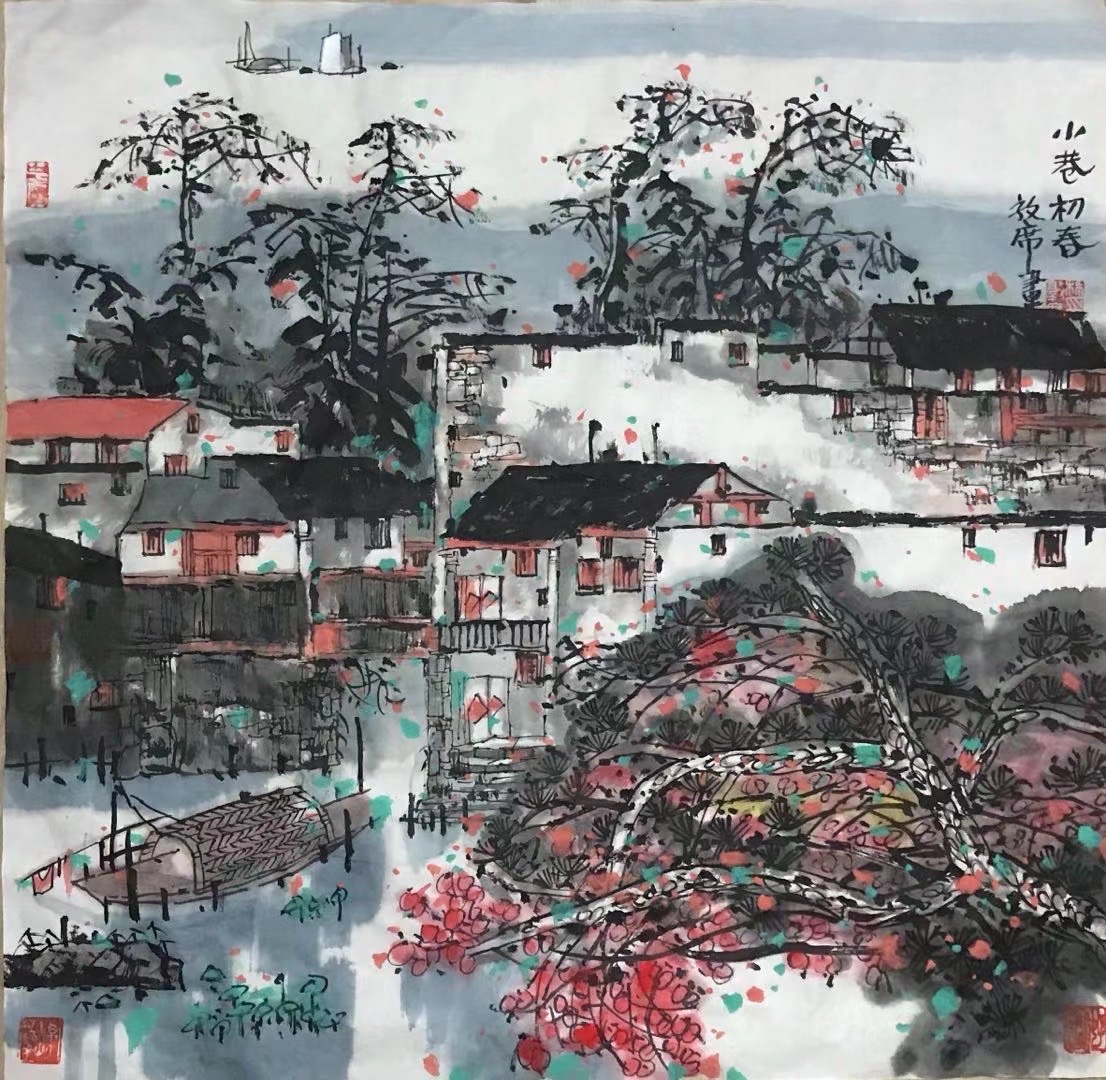 画家林敦席的彩墨山水画中处处体现着诗情,意境高远深邃