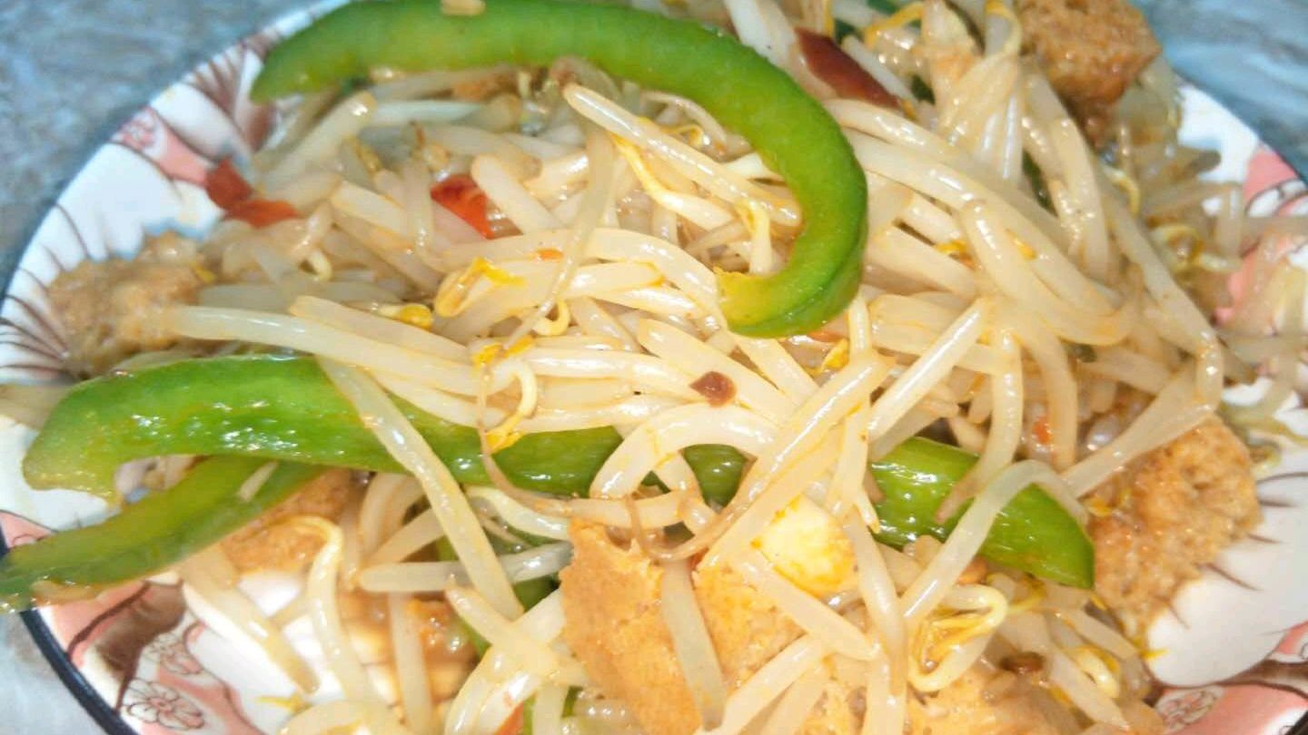 媳妇自创的豆芽炒面筋,看着挺有食欲的吧