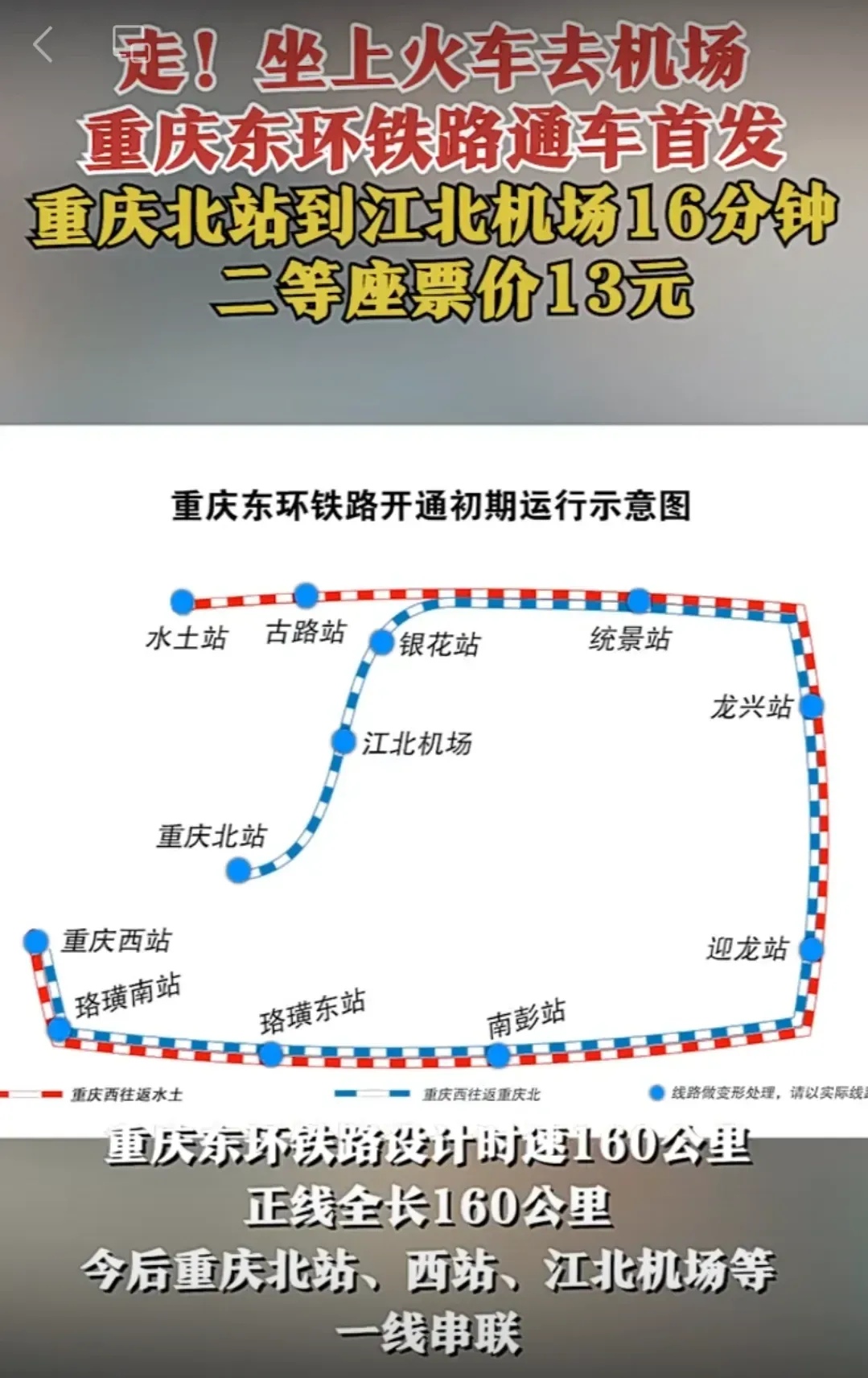 重庆铁路枢纽东环线开通了,可以从重庆北站坐高铁去江北机场了,全程只