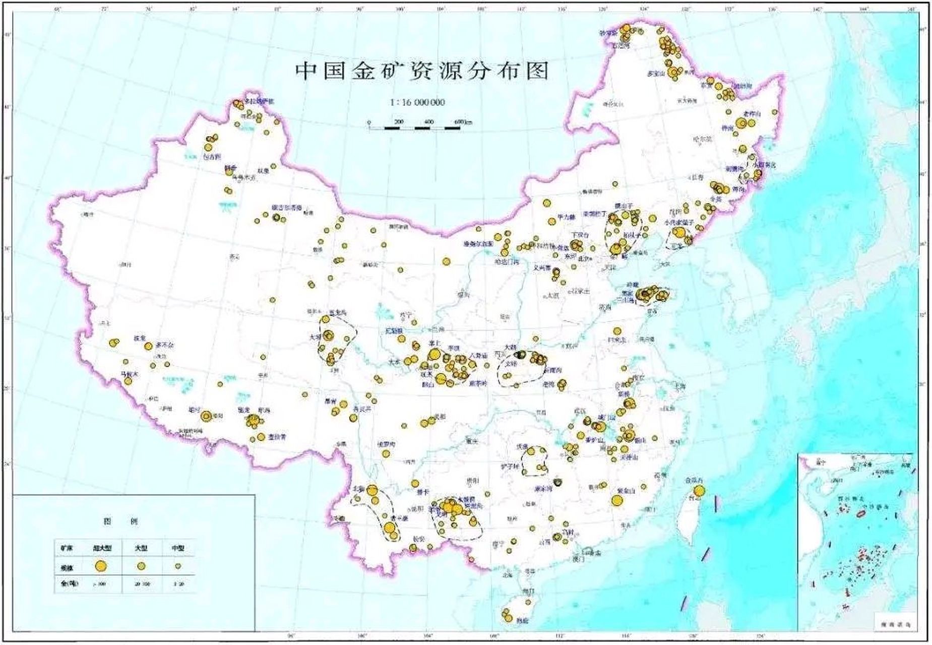 中国金矿资源分布图: 东南沿海五省不是太多,东北地区和西南居多,西藏
