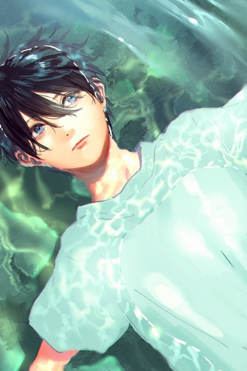 艺术插画,蓝眼睛的水系少年,画风清新瑰丽,人物帅气十足