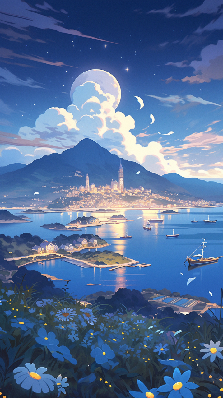 美丽的港湾夜景#ai绘画# #二次元# #场景