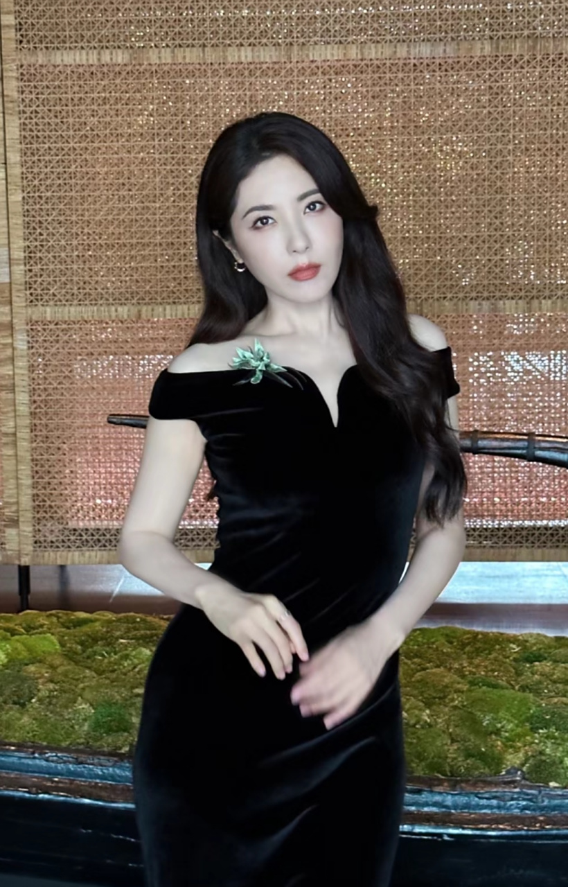 曾黎分享新收获的胸针,别在黑色礼服上面典雅又不失贵气,她现在出席商