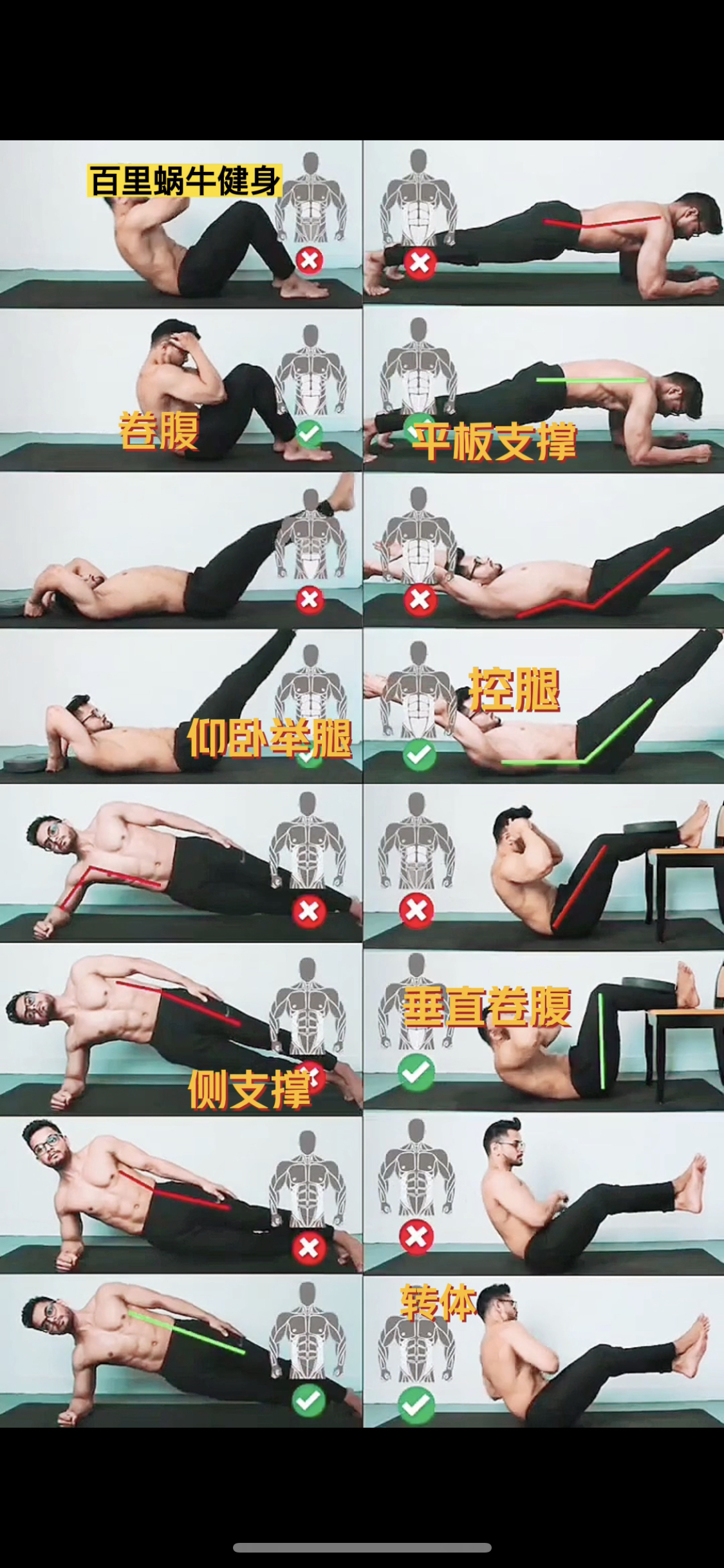 全方位打造腹肌和马甲线: 1卷腹 2平板支撑 3垂直举腿 4控腿 5侧支撑