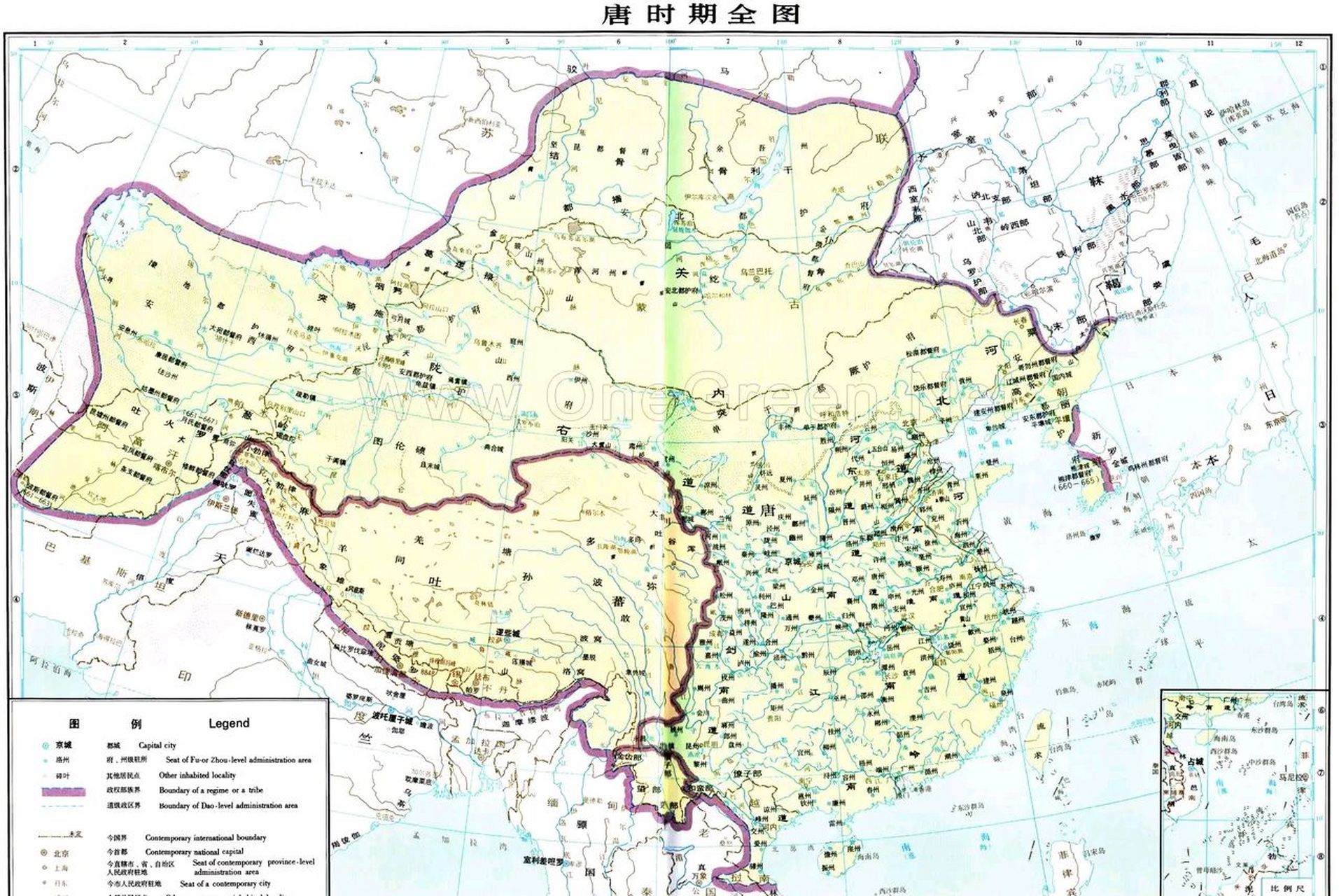 大唐疆域图 鼎盛时期的唐朝,全国人口达到8050万人,疆域总面积达到