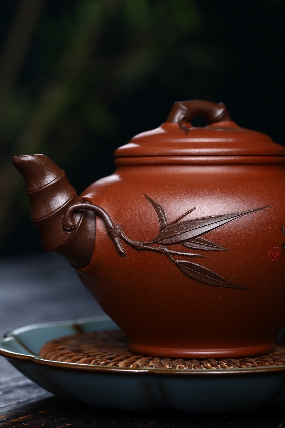 宜兴紫砂壶董梅萍全手工竹报春原矿红清水400cc