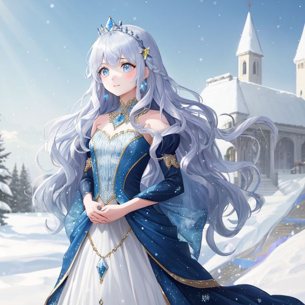 皮肤白皙的美女女孩,淡蓝色长长的波浪卷发,戴着水晶皇冠,冰冷的眼眸