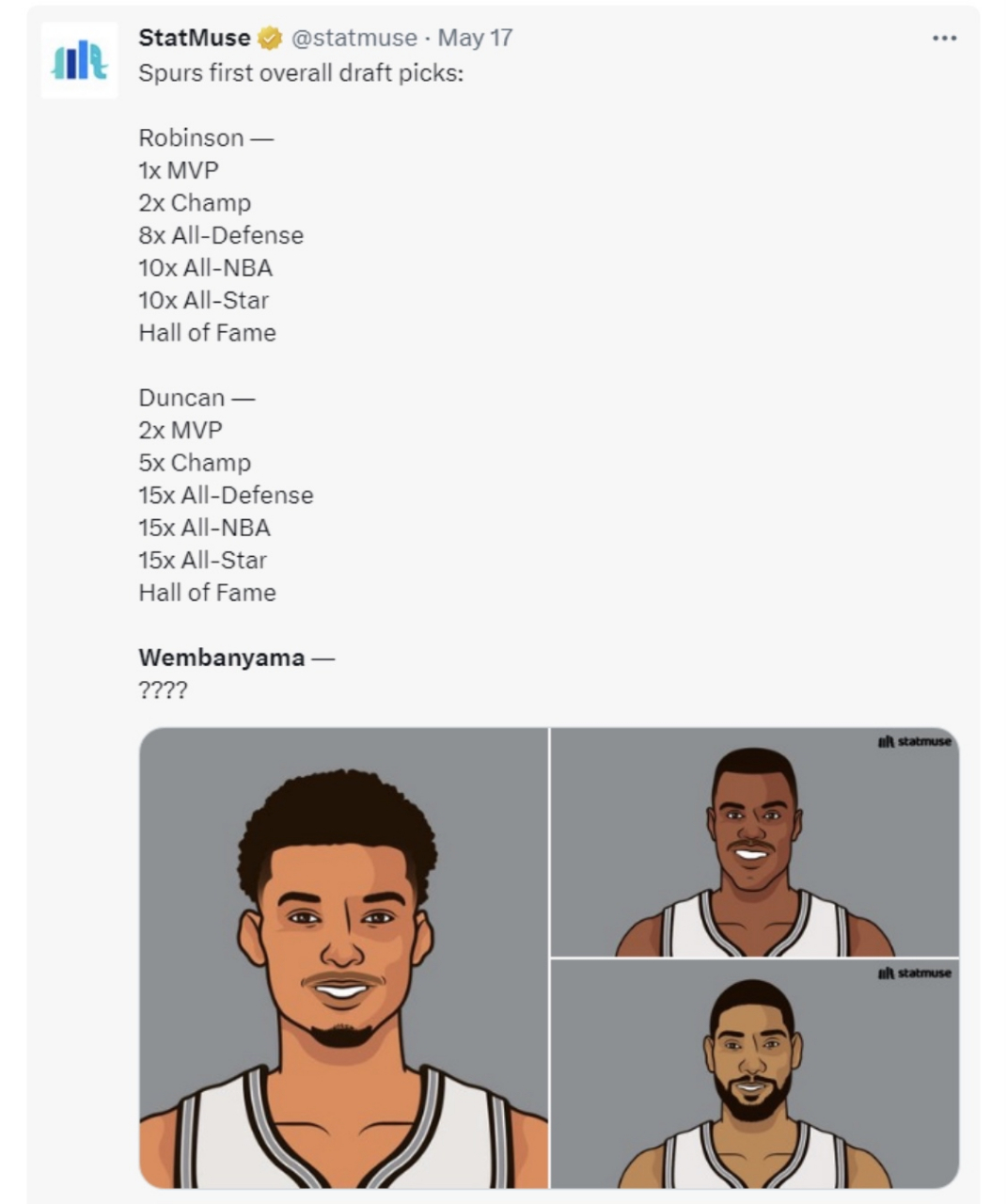 马刺前两任状元的成就:  罗宾逊: 1mvp 2冠军 8次防守阵容 10次全明星