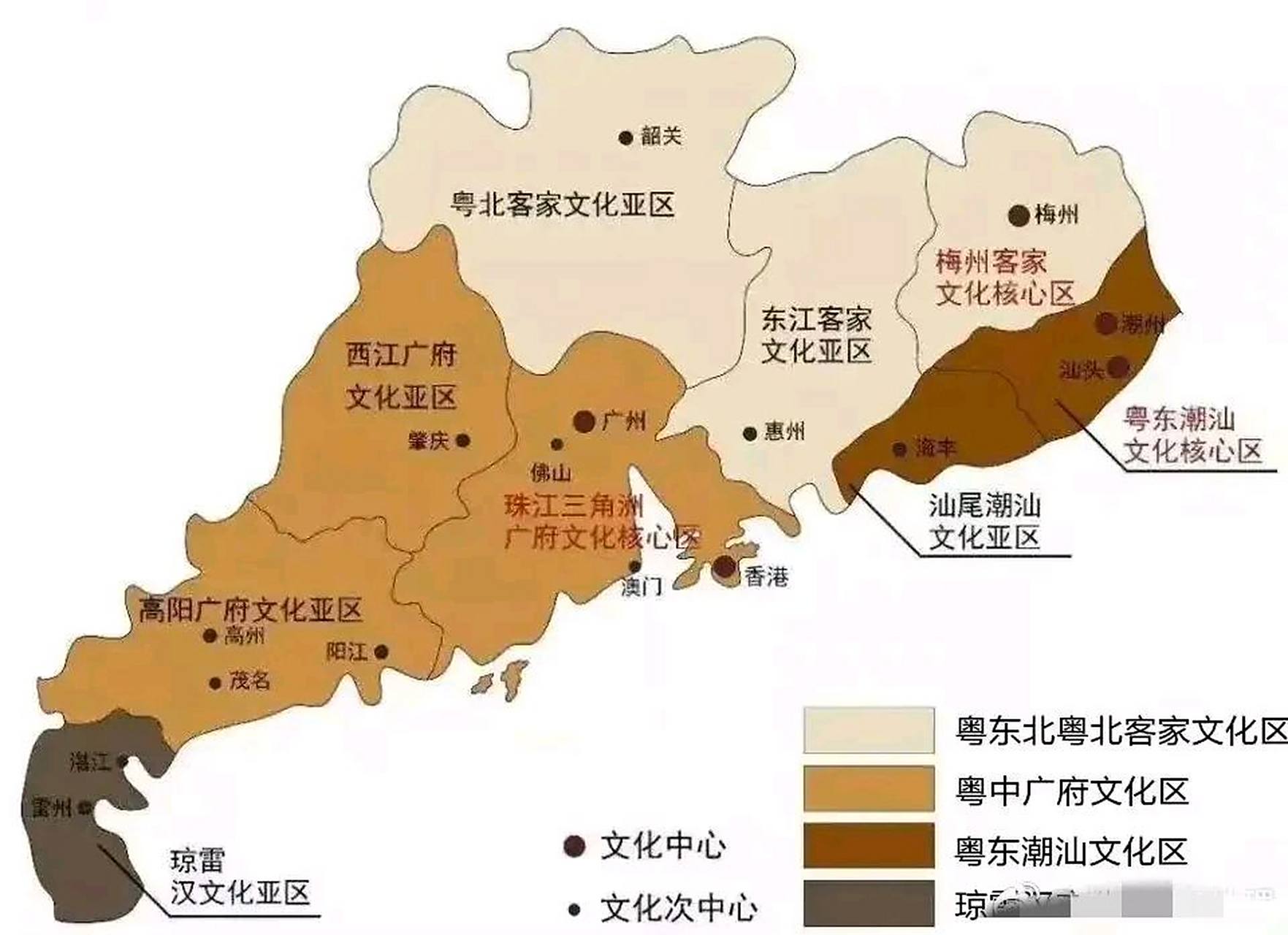 下图划分了广东的四大文化区的地域范围,其中广府文化是岭南文化中