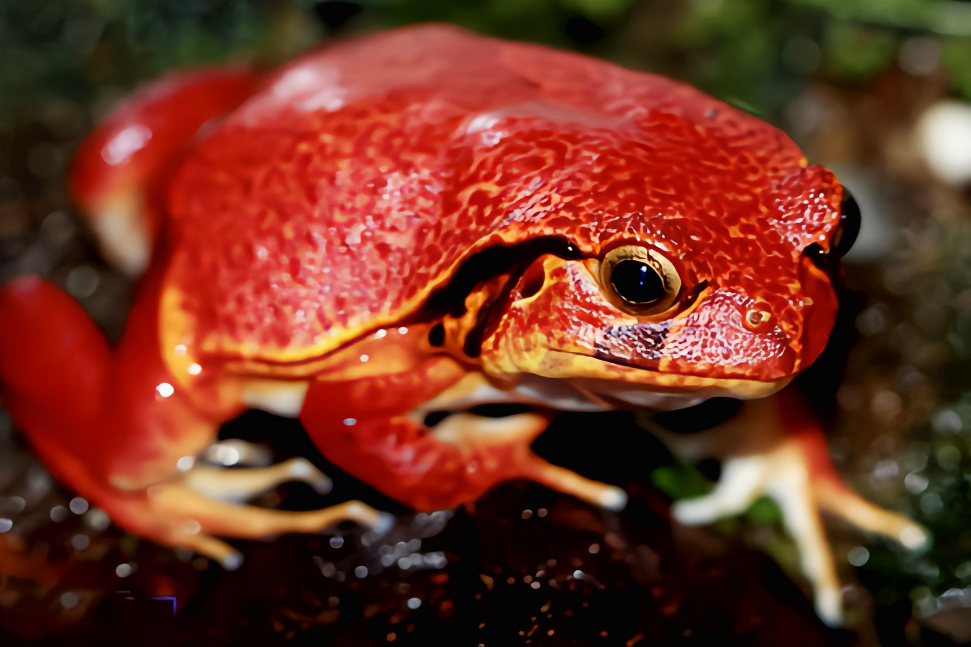 成蛙体长10厘天,体色深红或橘红色,体形圆润四