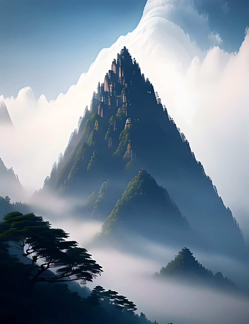 那些笼罩在山头的云雾,就像是戴在山顶上的白色绒帽;那些缠绕在半山的