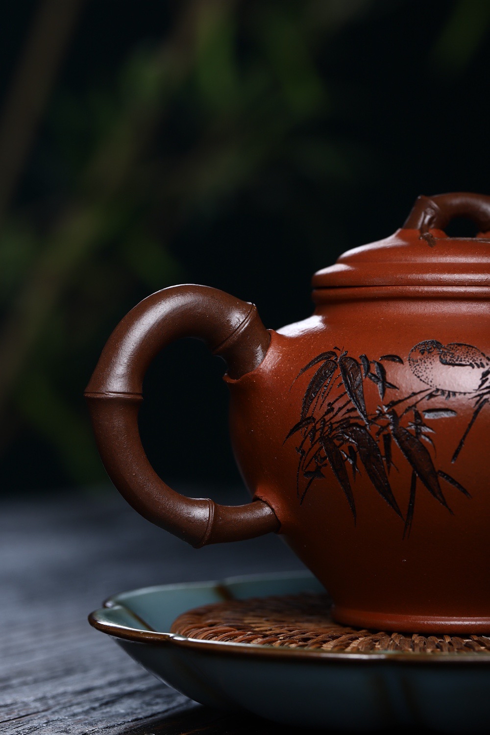 宜兴紫砂壶董梅萍全手工竹报春原矿红清水400cc