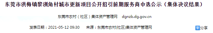 东莞市洪梅镇黎洲角村城市更新项目公开招引前期服务商中选公示