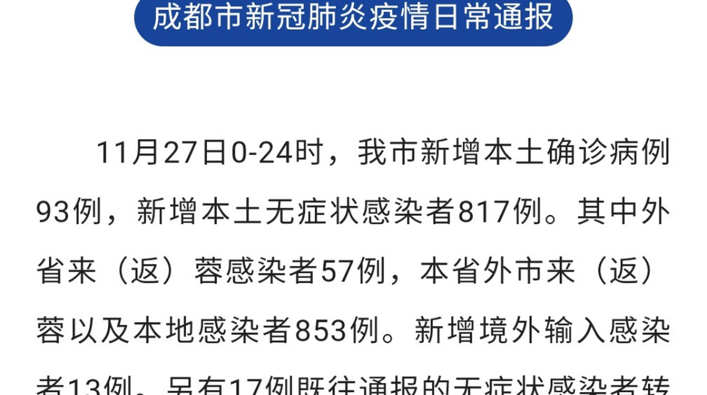 成都市27日新冠肺炎阳性新增923人,其中本土910例,境外输入13