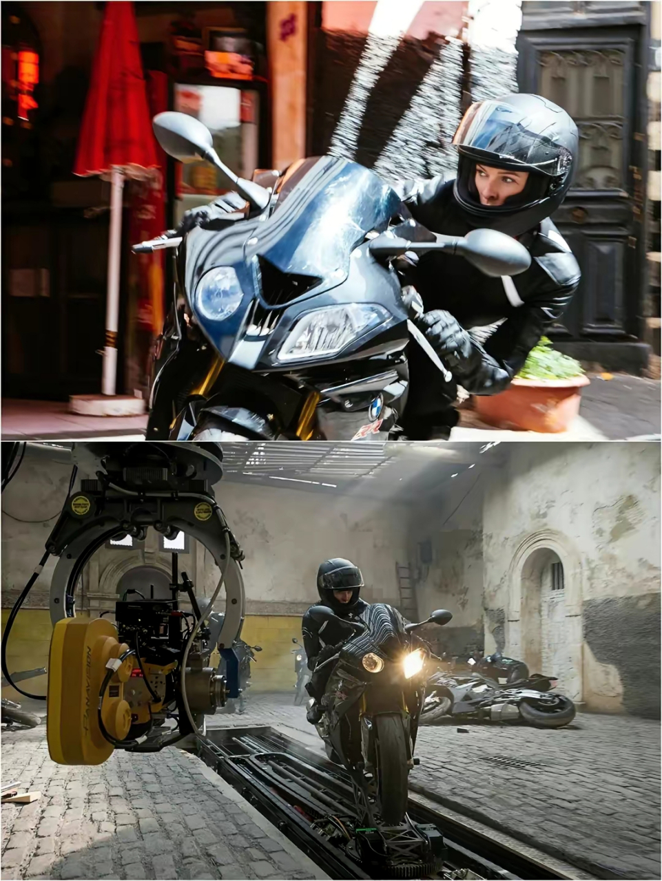 《碟中谍5:神秘国度》中坐在移动平台上拍摄摩托车追逐戏份的丽贝卡