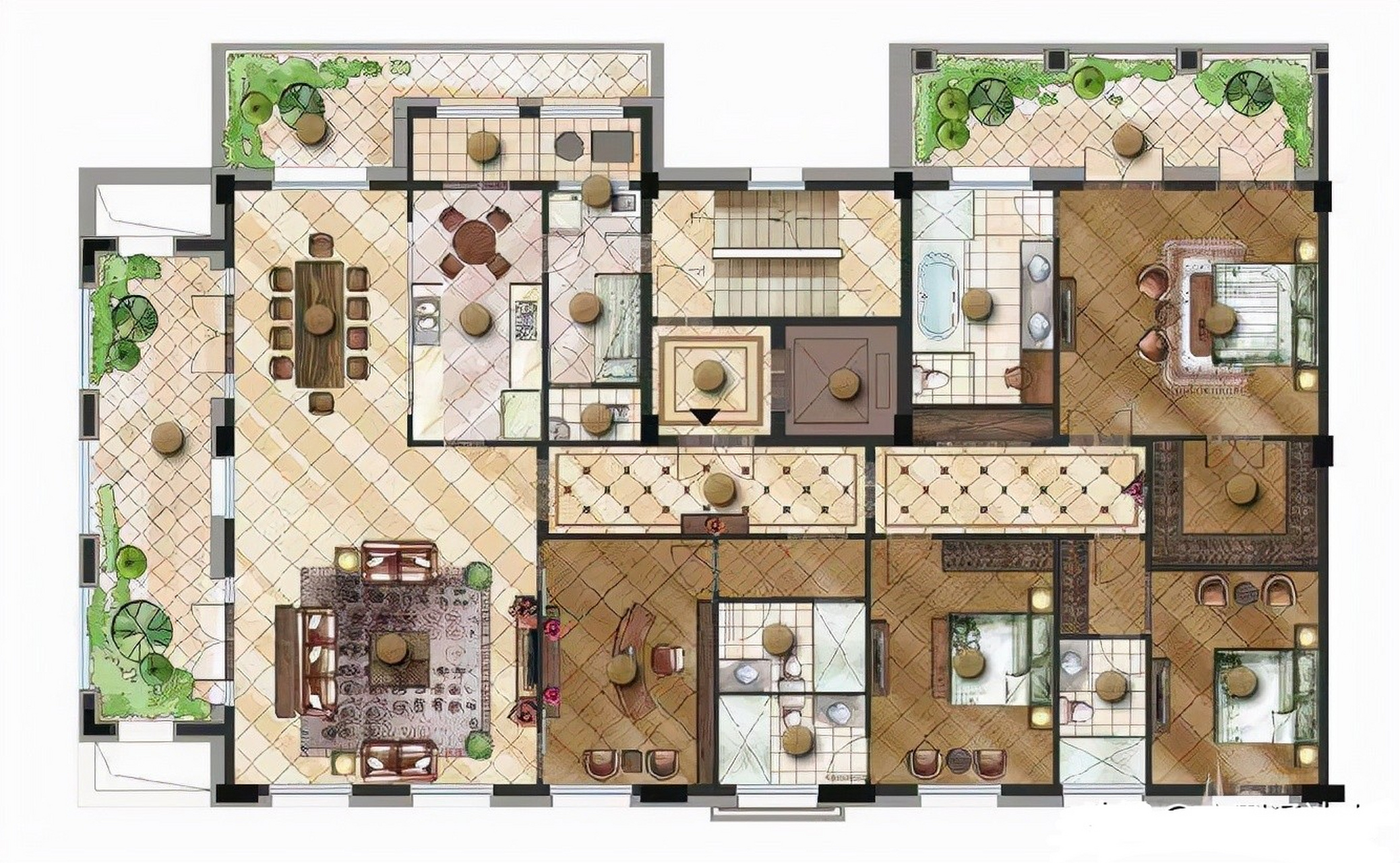 这个户型也太梦幻了吧,拥有三个超级大的阳台,客厅也采用了无障碍的