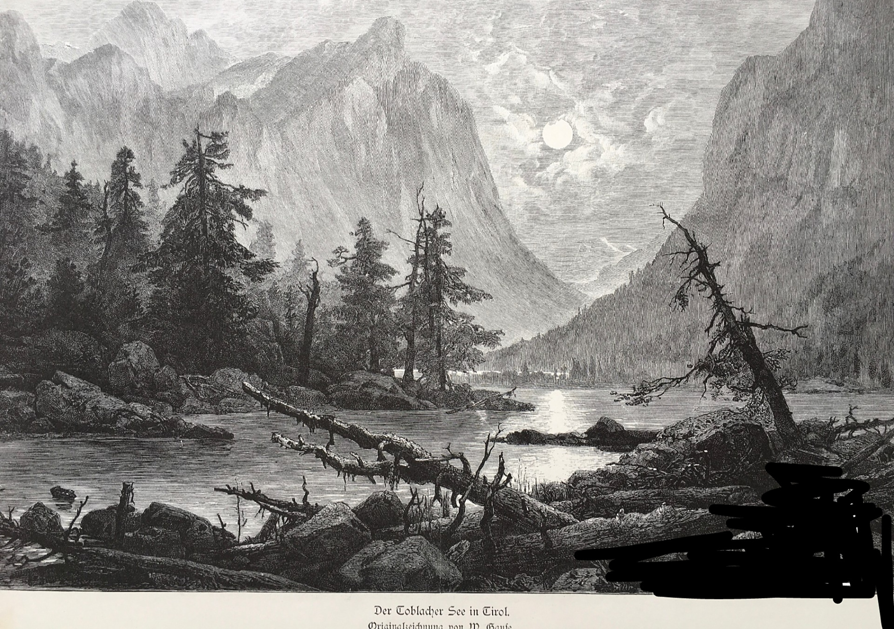 1888年～精品大幅木刻版画《阿尔卑斯山唯美画卷～多比亚科湖的月色》