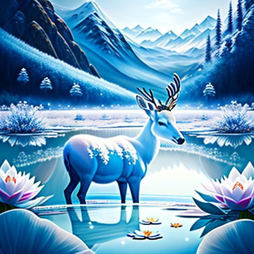 ai唯美风景:雪莲花,雪山,白鹿,梦幻蓝莲花