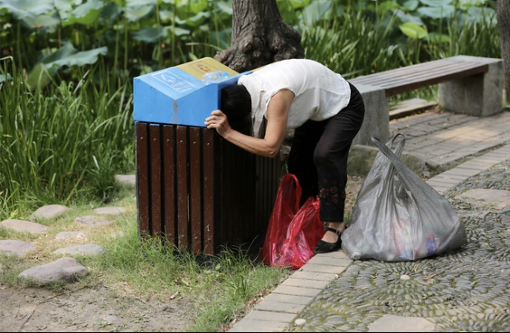 的身影,只见她一手拎着一个超大的塑料袋,另一只手在不停的翻着垃圾桶