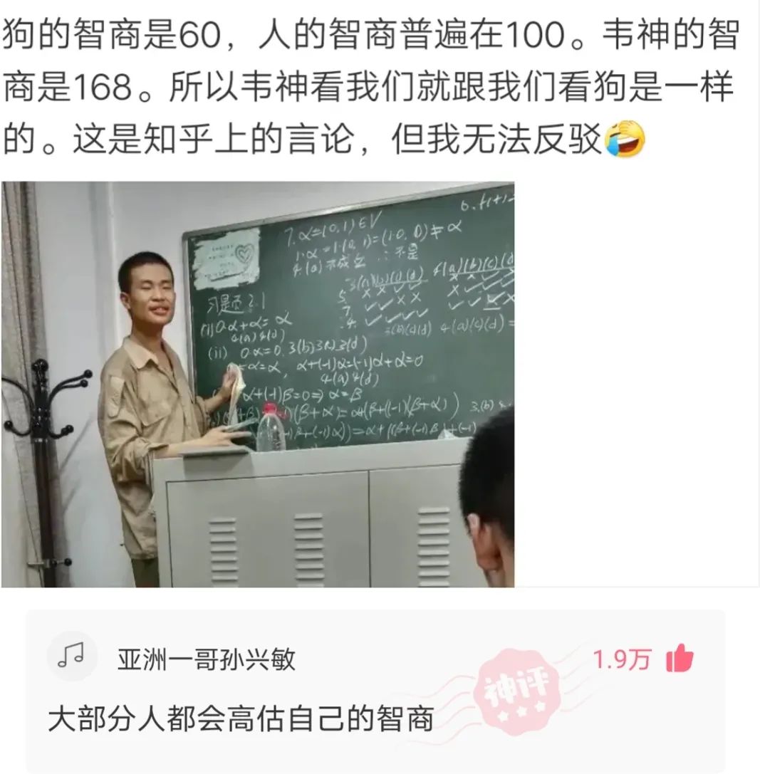 神回复:韦神的智商肯定是人类的顶尖,我们普通人是比不了的