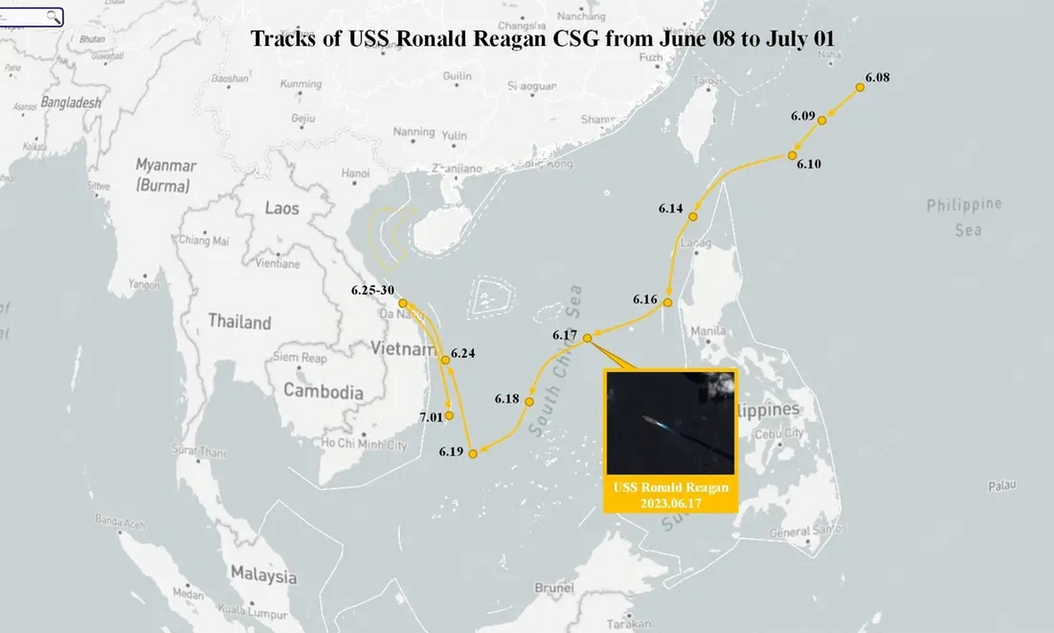 美国里根号航母再次进入南海  7月01日,根据美海军"里根"号航母舰载机