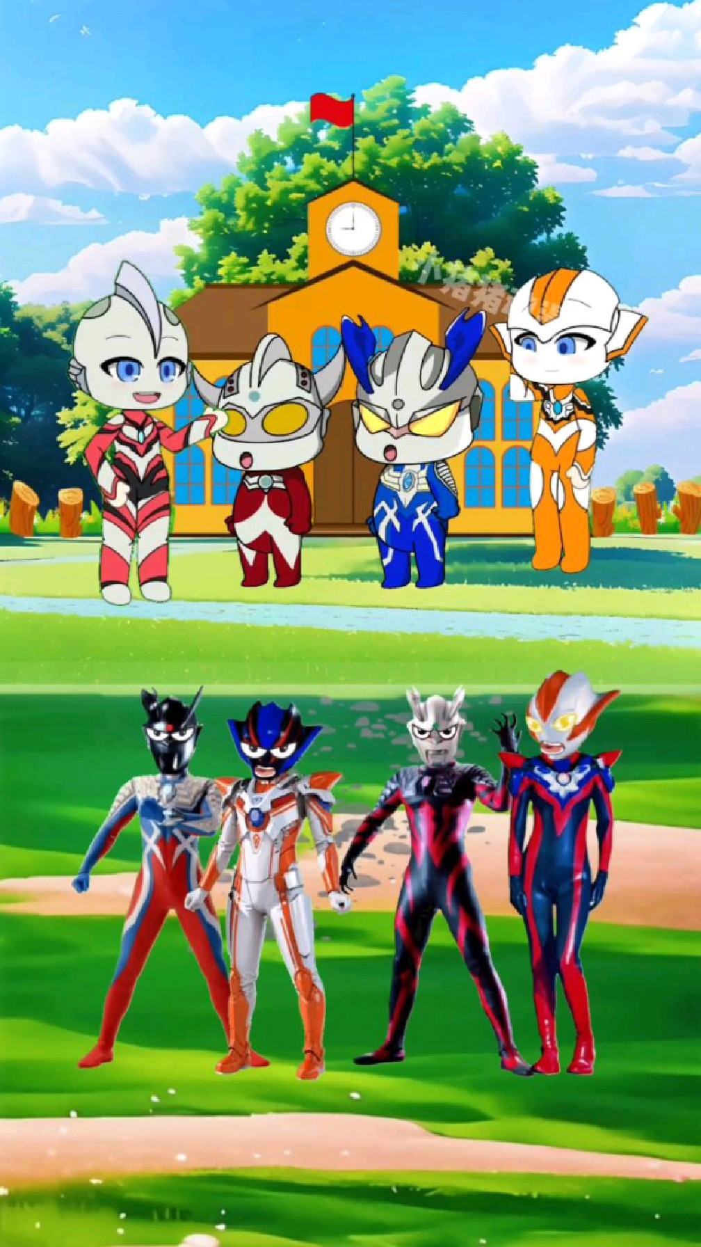 有两个赛罗格力乔去接小奥特曼放学,聪明的小赛罗一下就看出假的爸爸