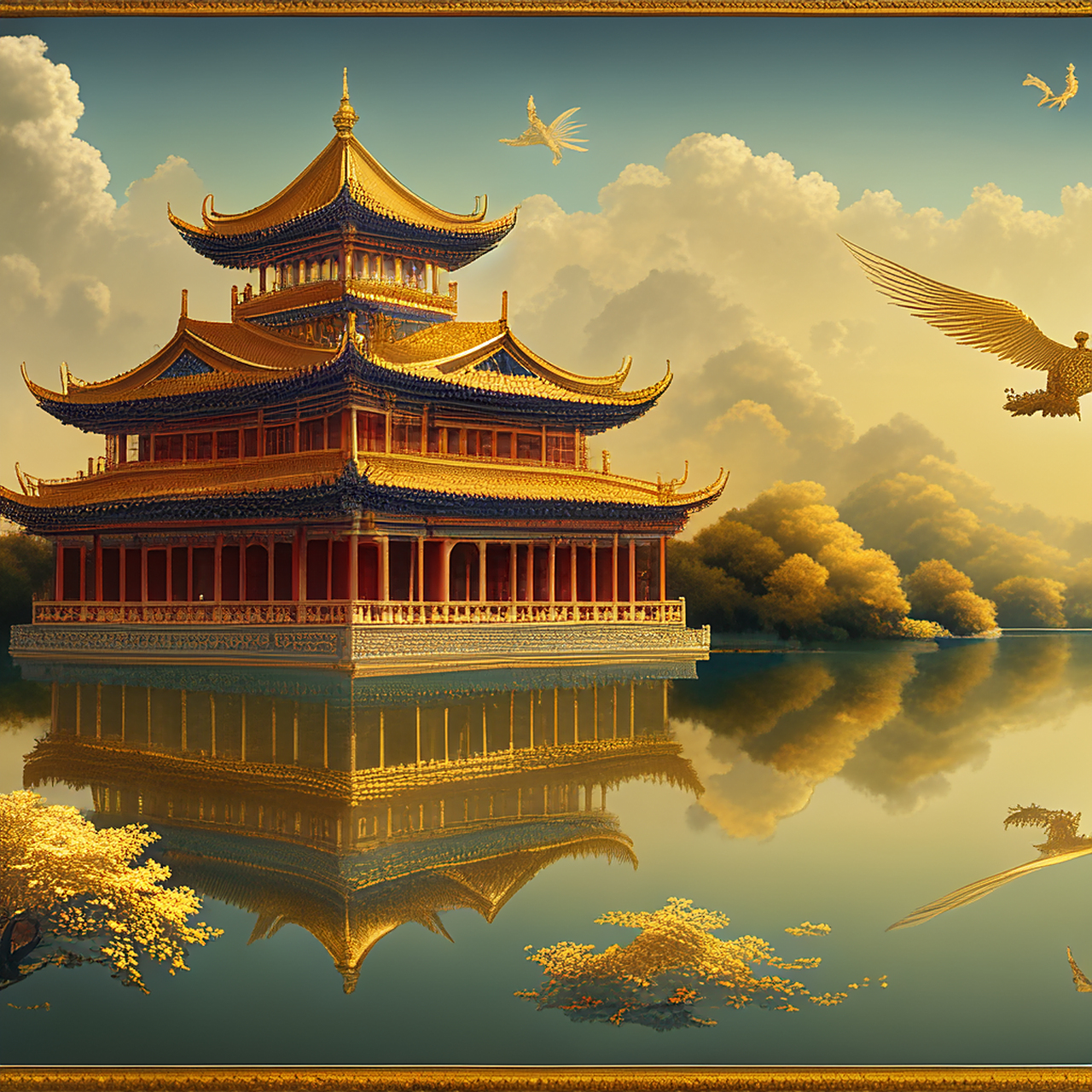 画一匹会飞的马,在天上金碧辉煌的宫殿飞,宫殿旁有天河,有神仙