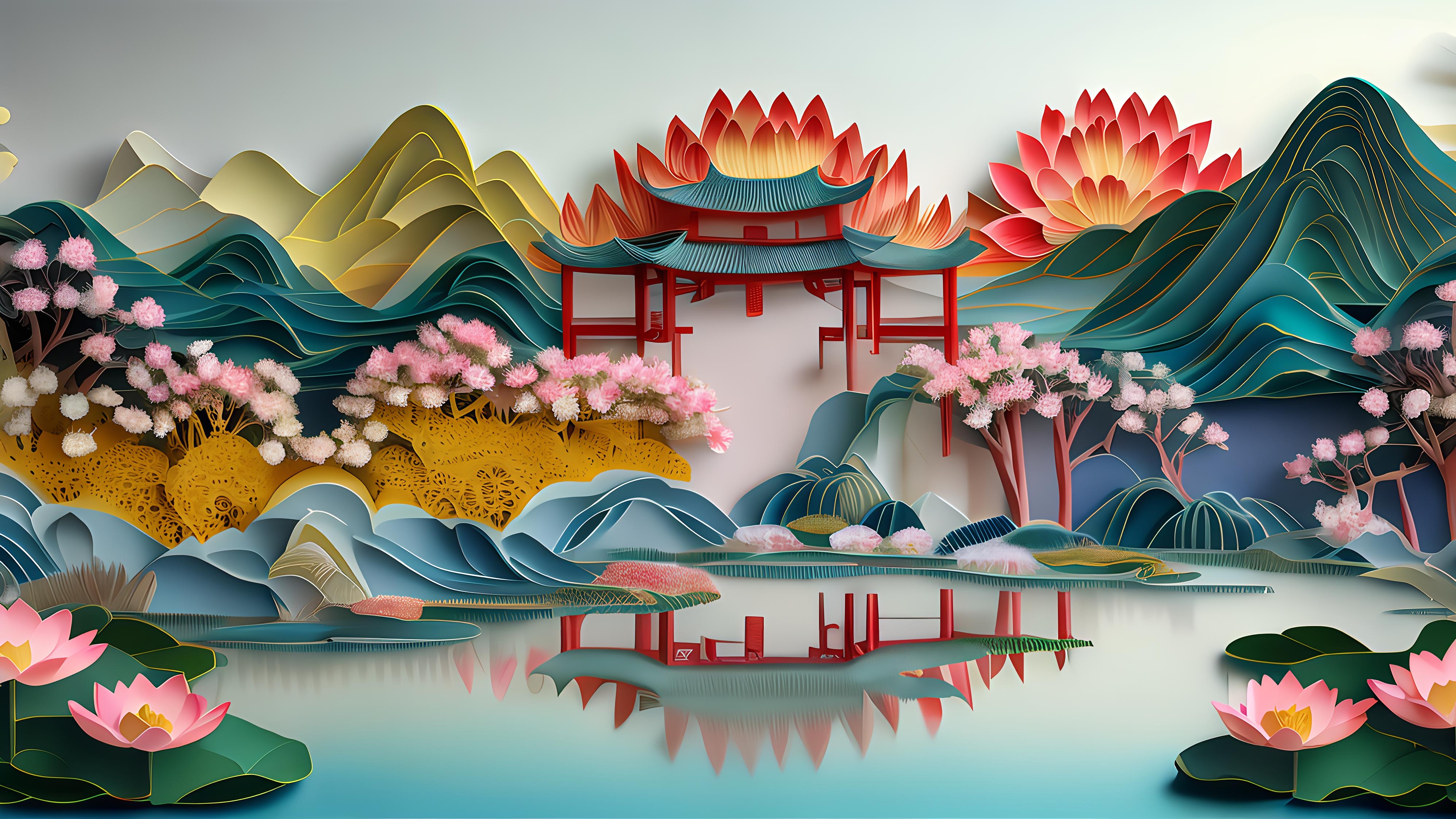 剪纸风,奶油风山水壁纸,高清电脑桌面美图