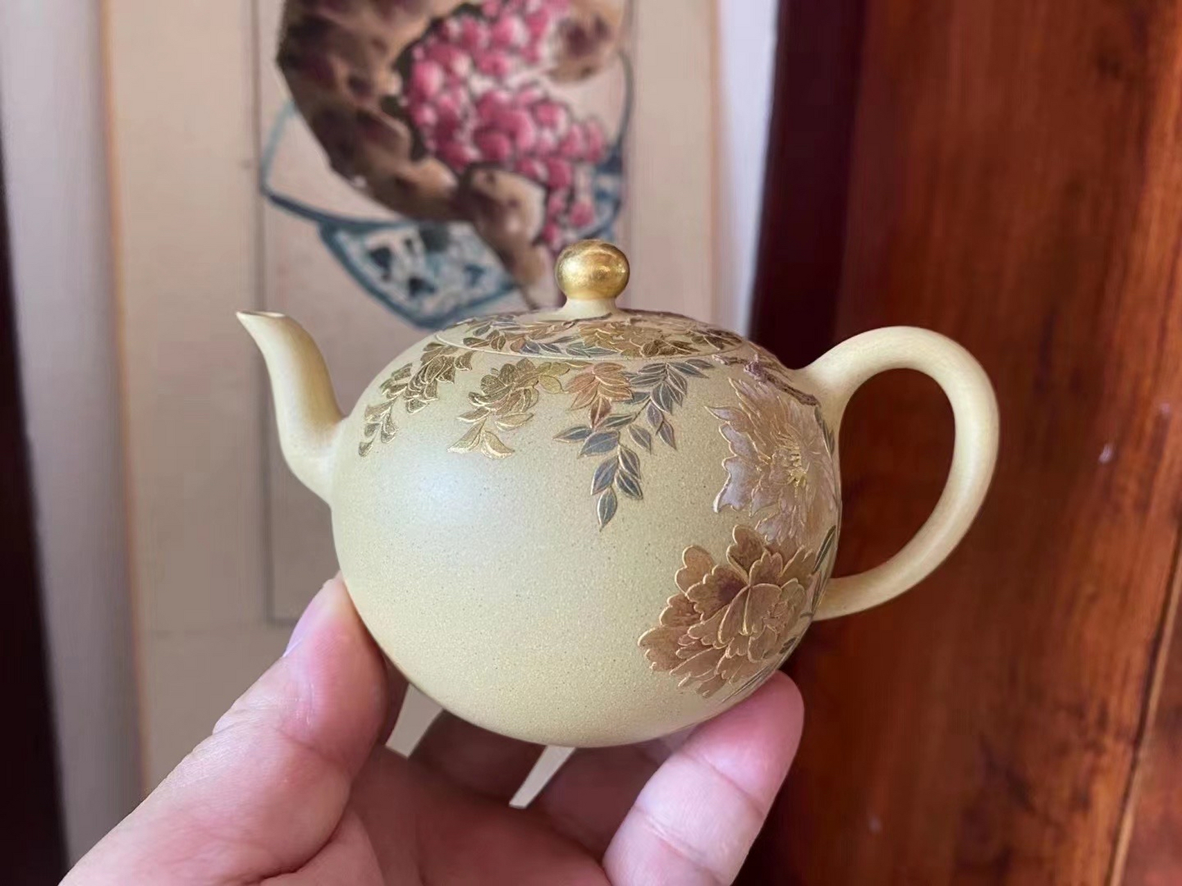 【一粒珠】 正高张志清之女国工张烨老师作品 壶身纯金装饰"紫藤牡丹"