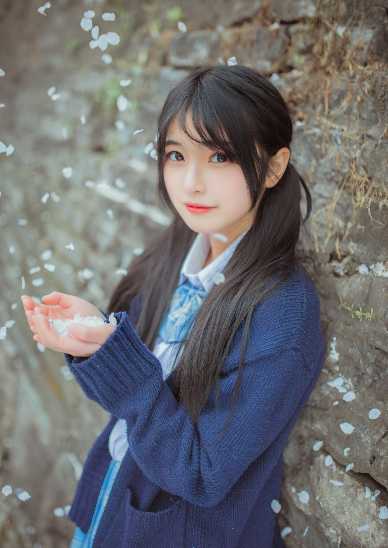 一头黑色长发绑成双马尾的jk少女,手捧着飘落的花瓣,像捧着思念