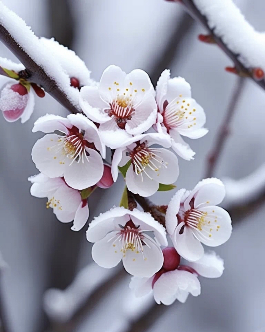 冬天的第一张照片 在冬日的雪地上,梅花如火如荼地盛开,花瓣如雪.