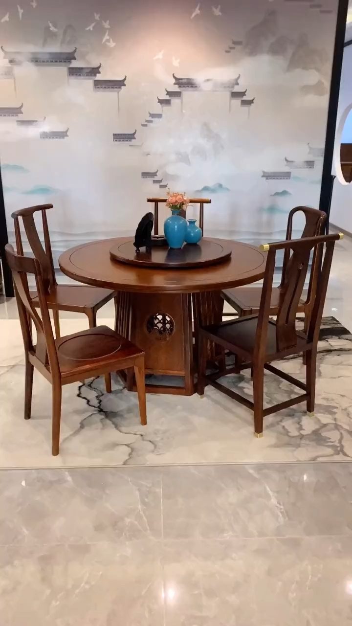 新中式实木餐桌椅组合圆型带转盘大饭桌家用610人